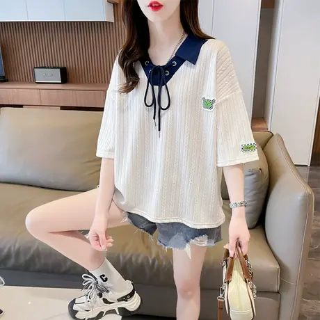 设计感小众绑带短袖t恤女夏季韩版宽松大码翻领polo衫短款上衣服图片