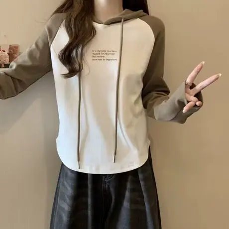 韩系港风chic插肩长袖T恤女早秋修身短款内搭上衣撞色连帽打底衫商品大图
