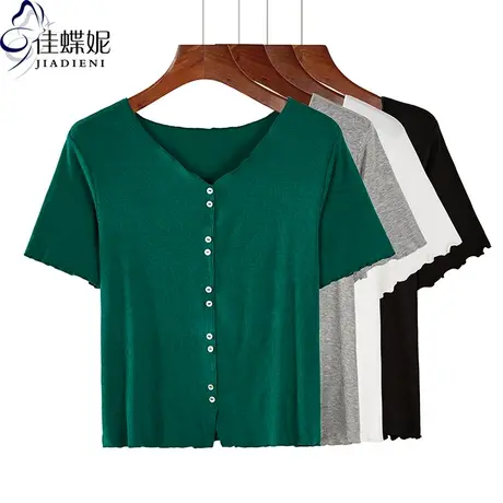 夏季新款韩版V领荷叶边宽松纯色短款纯棉短袖体恤上衣内搭打底女商品大图