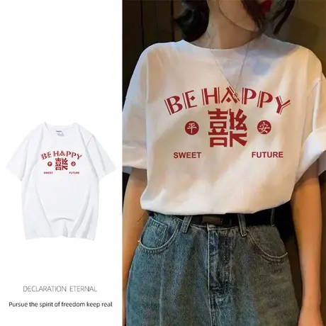 国潮港风t恤女ins潮胖mm高级感oversize大码上衣复古chic小众短袖图片