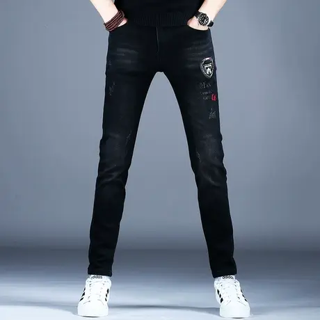 男士黑色刺绣牛仔裤男2023新款男裤美式裤子潮流休闲小脚修身弹力商品大图