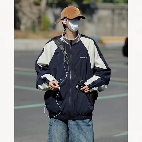 冲锋衣外套男春秋季美式户外潮牌痞帅撞色拼接宽松休闲棒球服夹克商品大图