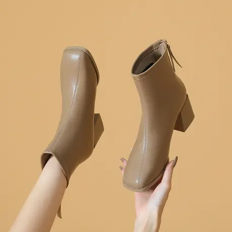法式短靴女粗跟2023年冬季新款方头高跟马丁靴英伦风百搭短筒裸靴商品大图