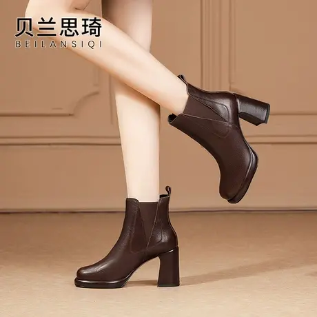 真皮圆头舒适厚底粗跟短靴女2023秋冬季新款防水台高跟马丁靴子图片