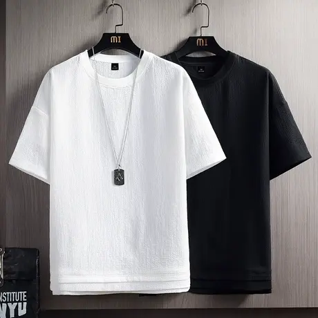 冰丝短袖t恤男士夏季薄款2022上衣体恤潮牌男装衣服宽松亚麻半袖商品大图