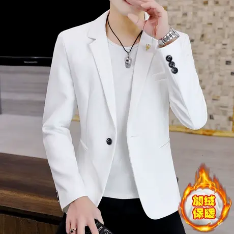 男士韩版修身白色西装外套秋冬季帅气休闲潮流加绒加厚西服上衣服商品大图