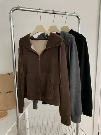 简约韩版双面磨毛连帽开衫女秋冬新款小个子拉链卫衣宽松休闲外套商品大图