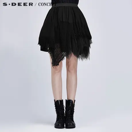 sdeer圣迪奥女装2018春装疏落拉绒做破不规则摆半身裙S16381363图片