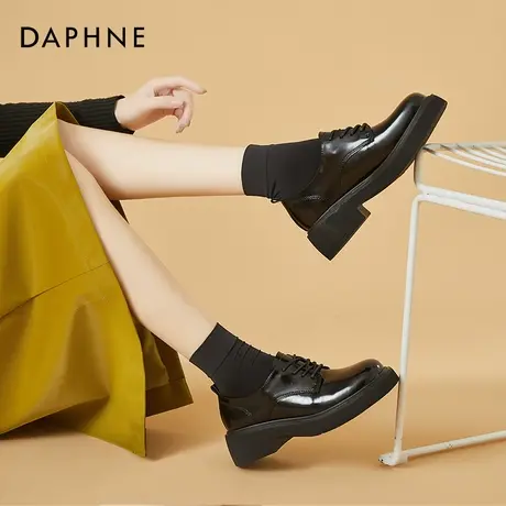 达芙妮厚底皮鞋女夏英伦风2022新款黑色休闲系带复古平底软底单鞋商品大图