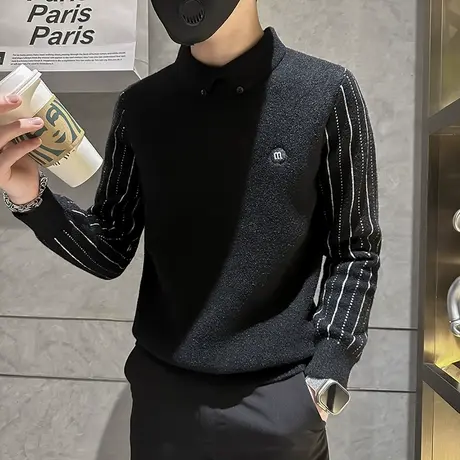 假两件拼接毛衣男秋冬季轻熟条纹打底针织衫潮牌翻领修身内搭线衣商品大图