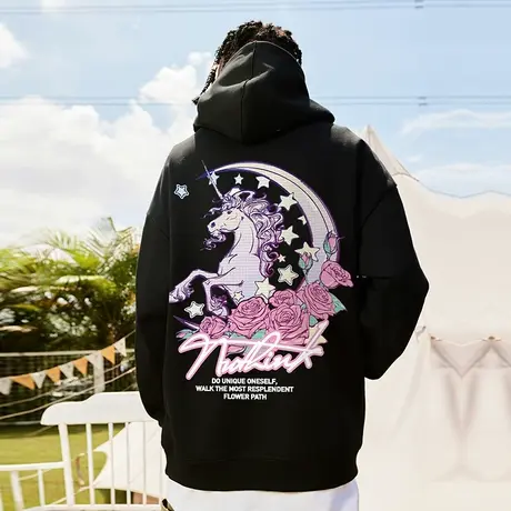 Nuthink国潮保暖420g重磅独角兽卫衣男连帽宽松加绒加厚潮牌上衣商品大图