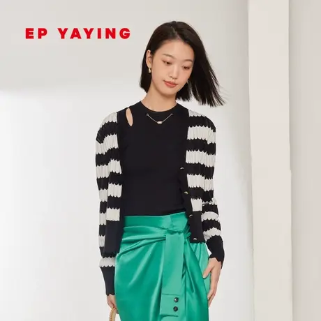 EP雅莹女装 小香风空调衫条纹V领醋纤针织开衫 2023新款9146A图片
