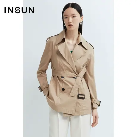 INSUN恩裳春季棉质腰带修身风衣图片