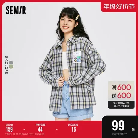 森马长袖衬衫女中长款格纹2022秋季新款纯棉oversize上衣港风复古图片