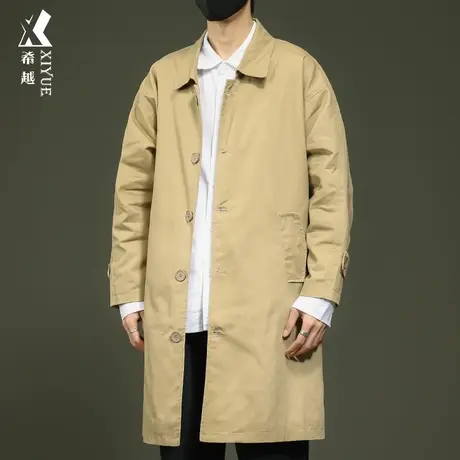 希越韩风大衣翻领外套男冬季高级感宽松大码潮牌男士长款纯棉风衣图片