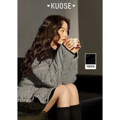 阔色条纹短款翻领夹棉加厚外套女2023秋季新款休闲宽松上衣图片