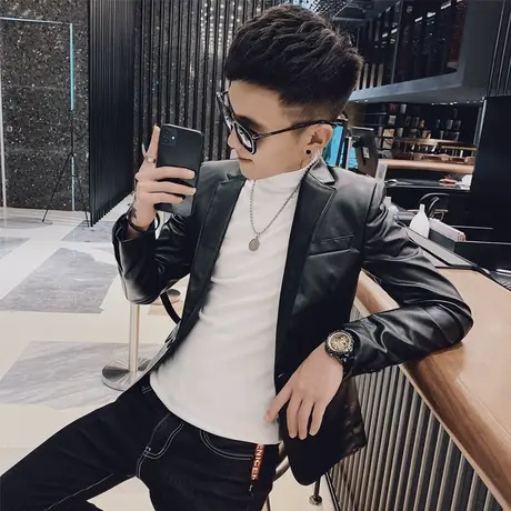2023潮流休闲西服秋冬短款修身小西装夹克社会小伙机车皮衣男外套商品大图