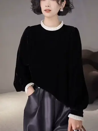 法式高级感拼接花边袖打底衫女2023秋冬季丝绒黑色花边长袖衬衫女商品大图