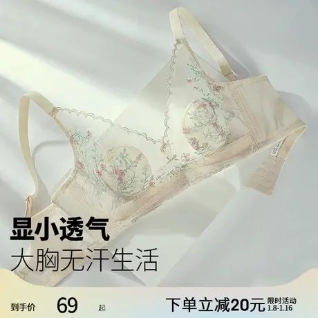 润微内衣女士薄款透气蕾丝显小文胸深V无钢圈收副乳上托胸罩图片