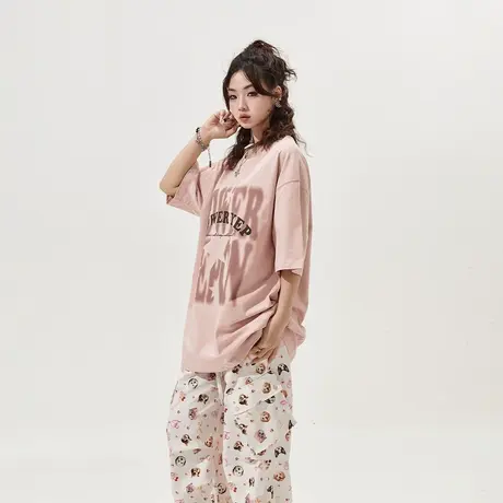 YEP字母印花短袖t恤女2024年春夏新款情侣装复古宽松oversize上衣商品大图