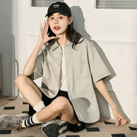 唐狮2023夏季新款短袖衬衫女简约开衫上衣通勤百搭日系中性风小众商品大图