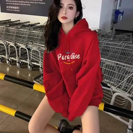 本命年新款红色加绒卫衣女2024年爆款秋冬季喜庆宽松连帽女士外套商品大图