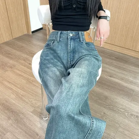 复古直筒牛仔裤女2024春秋新款时尚百搭显瘦高腰宽松窄版阔腿长裤图片