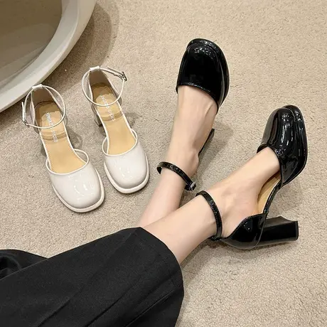 一字带包头凉鞋女2024春夏季新款配裙子粗跟单鞋时尚高跟玛丽珍鞋商品大图