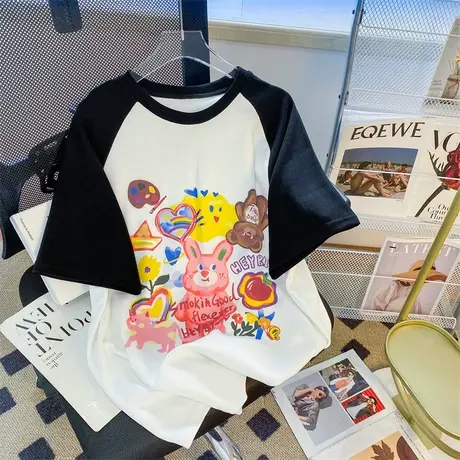 纯棉美式复古插肩短袖t恤女夏季新款设计感小众宽松半袖卡通上衣商品大图