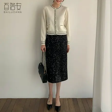 百洛安名媛风亮片半身裙女包臀裙2024春新款时尚后开叉高腰中长裙图片