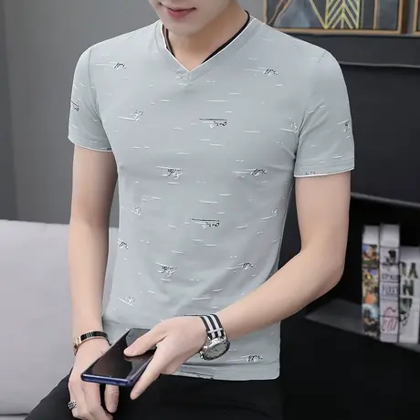 V领t恤男士短袖2023新款男装夏季上衣服夏装体恤衫纯棉薄款半袖商品大图