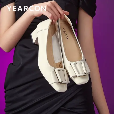 意尔康方头粗跟高跟鞋女2024春季新款真皮不累脚通勤面试职业单鞋图片