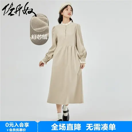 佐丹奴裙子女春夏新款纯棉灯芯绒复古蕾丝拼接立领连衣裙05463688图片