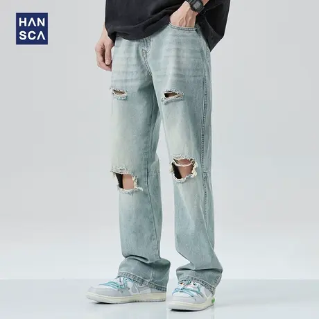 hansca微喇牛仔裤男美式高街春季潮牌复古休闲痞帅直筒破洞阔腿裤商品大图