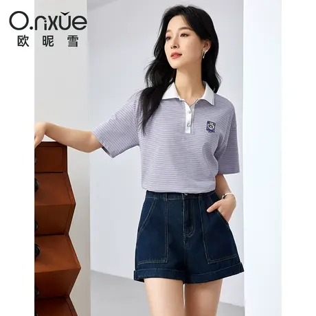 欧昵雪2024夏季新款T恤女短袖罗纹Polo领绣花条纹宽松休闲上衣图片
