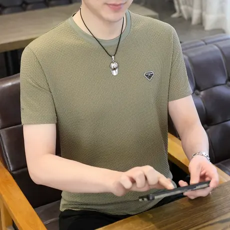 冰丝短袖T恤男士纯色休闲百搭半袖体恤衫夏季加肥加大码烫钻上衣图片