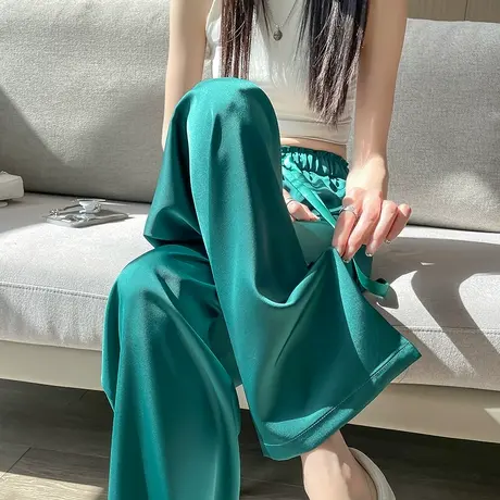 绿色冰丝阔腿裤女夏季薄款高腰直筒显瘦垂感防晒醋酸缎面凉凉裤子商品大图