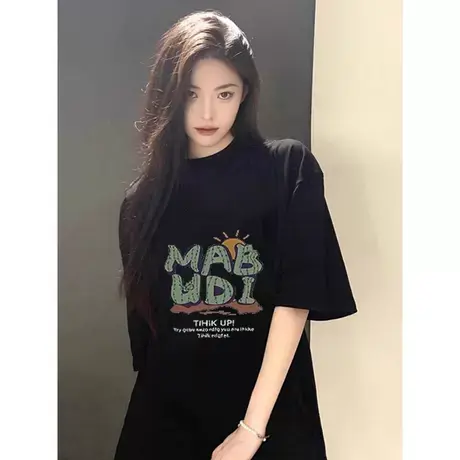 全棉短袖T恤夏季男女款大版中长款宽松百搭ins潮牌印花设计感上衣图片