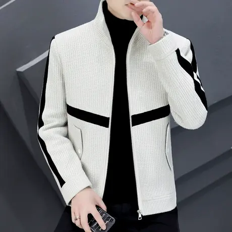 男士新款拼色毛呢夹克秋冬季立领呢子外套休闲帅气男装加厚风衣潮商品大图