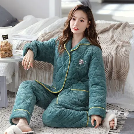 婷美冬季睡衣女三层加厚法兰绒秋冬天保暖珊瑚绒夹棉袄家居服套装图片
