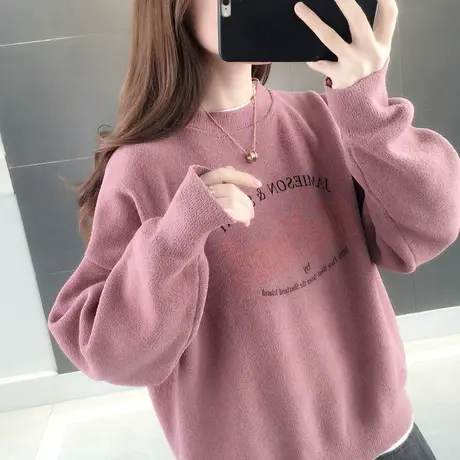 2023秋季新款韩版宽松字母印花圆领针织卫衣女套头上衣网红假两件图片