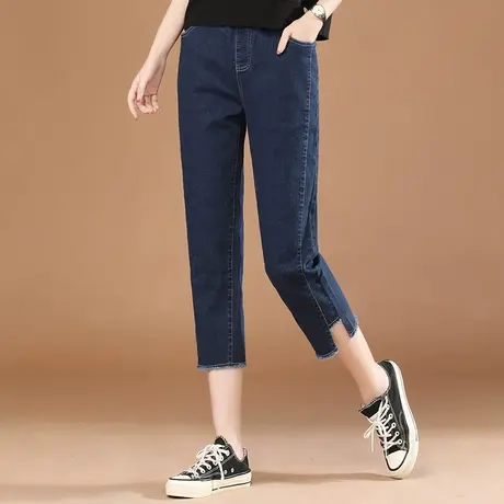 韩潮袭人松紧腰七分牛仔裤女士夏装新款宽松开叉哈伦直筒裤子中裤商品大图