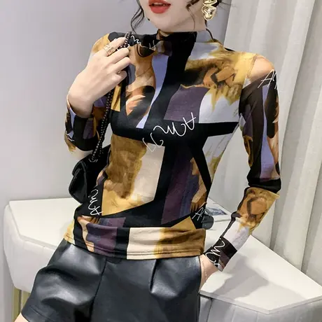 半高领打底衫女秋冬时尚复古印花长袖T恤修身紧身内搭加绒上衣潮商品大图