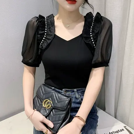 欧货泡泡袖上衣女夏季性感V领网纱拼接T恤短细显瘦百搭小衫半袖潮商品大图