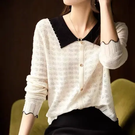 针织衫2023早秋新款洋气娃娃领镂空长袖宽松减龄短款薄款秋装上衣商品大图