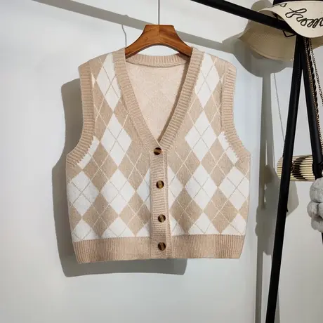 学院风菱形针织马甲开衫女春季新款宽松v领百搭无袖毛衣背心外套商品大图