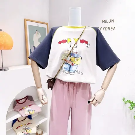 复古设计感插肩袖T恤2023春夏新款ins甜美兔子奶呼呼短袖上衣欧货商品大图