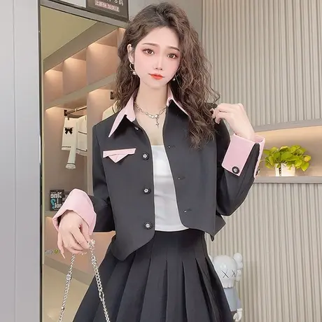 黑色小香风西装外套女粉色拼接小个子甜美上衣设计感小众短款西服图片