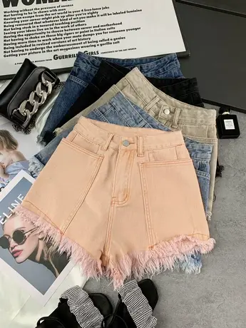 大口袋流苏牛仔短裤2023春夏新款显瘦百搭高腰阔腿裤毛边a字短裤图片