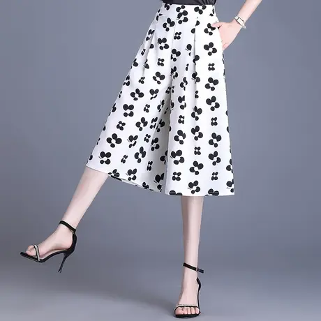 缎面印花裙裤七分裤女夏季2023新款高腰宽松阔腿裤小个子休闲裤裙商品大图